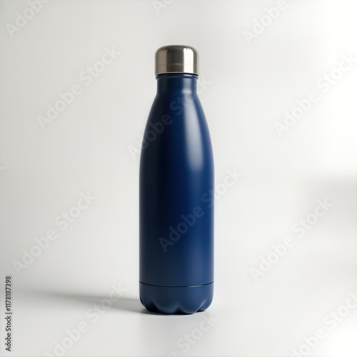 Empty dark blue water bottle thermos stands on white background. Product mockup for branding, design template. Stylish modern container for drinks. Perfect for eco-friendly travel hydration options. photo