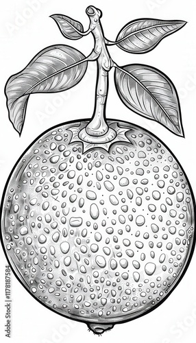 Intricate stippled citrus fruit with leaves and stem. Ideal for botanical illustrations packaging or branding projects related to natural food products. photo