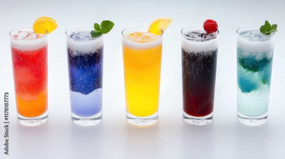 Fototapeta premium Colorful drinks in tall glasses with ice and garnishes.