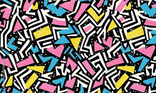 Colorful geometric pattern on black background for textile, wallpaper, or wrapping paper.