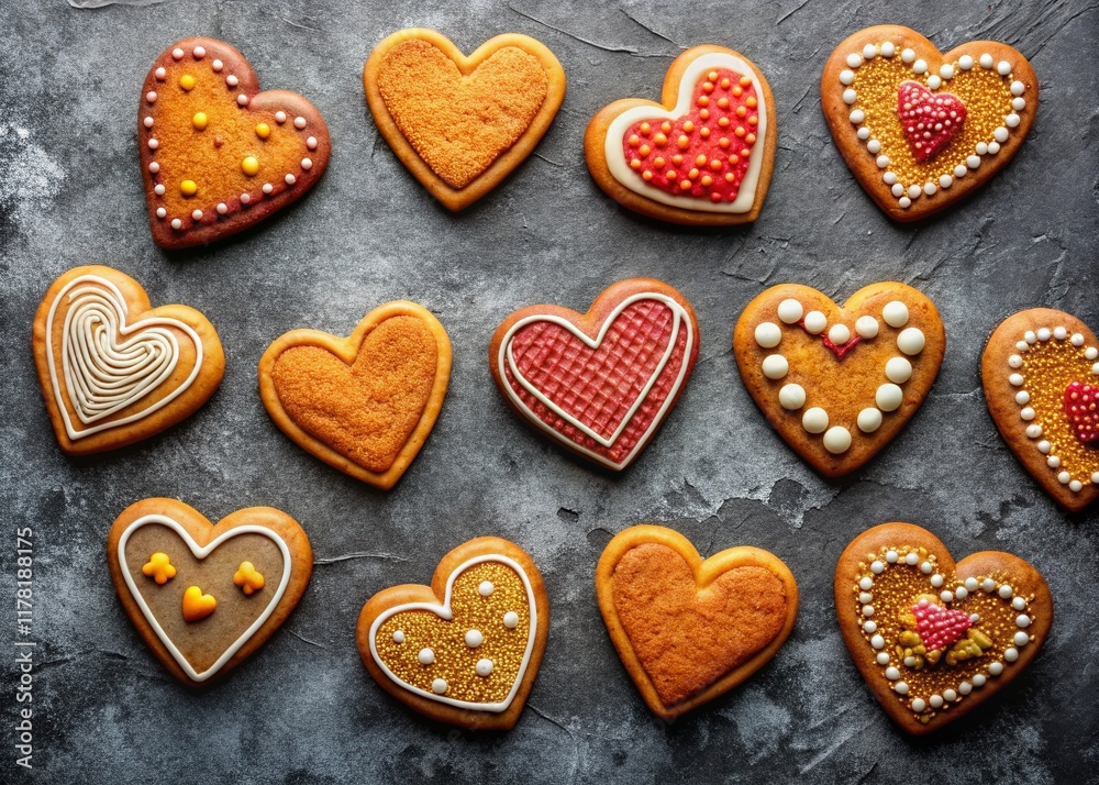 Valentine's Day Gingerbread Cookies on Dark Concrete Background - Architectural Photography Valentine's Day Gingerbread Cookies on Dark Concrete Background - Architectural Photography