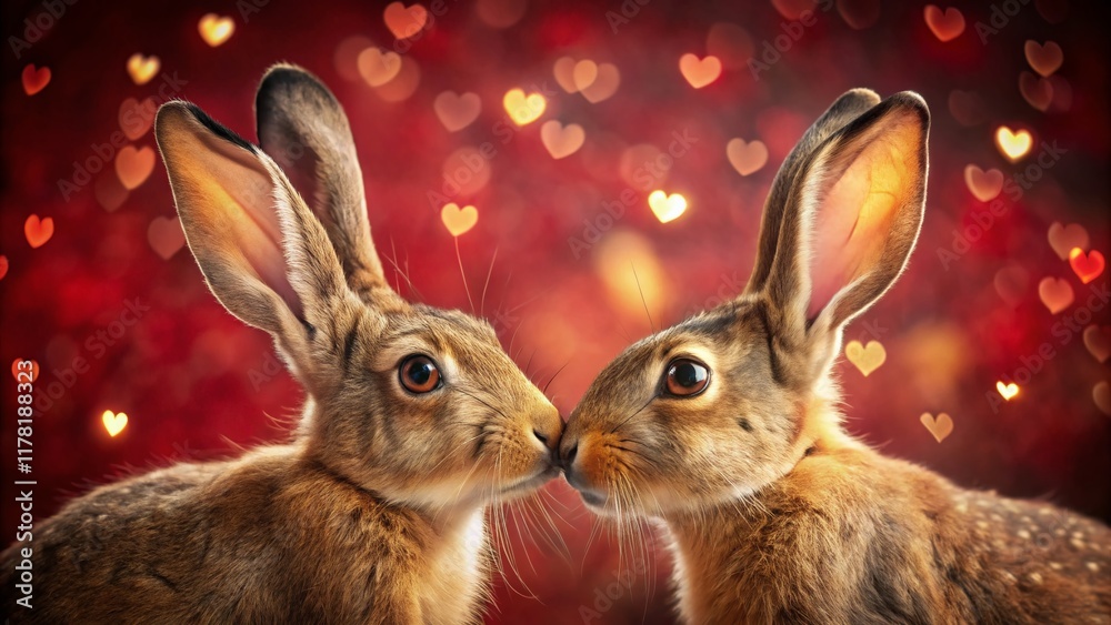 Fototapeta premium Valentine's Day Hares: Adorable Brown-Blonde Bunnies Nose-to-Nose on Red Background with Hearts
