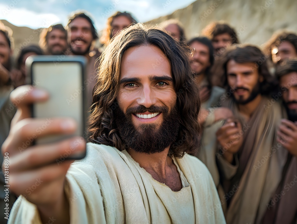 Obraz premium Smiling Jesus Christ Selfie: A Joyful, Modern Religious Portrait