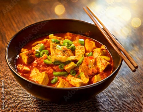 a bowl of vegetarian Mapo Tofu, Chinese dish with silken tofu, spicy sauce, and green onions. Chinese comfort food, spicy photo