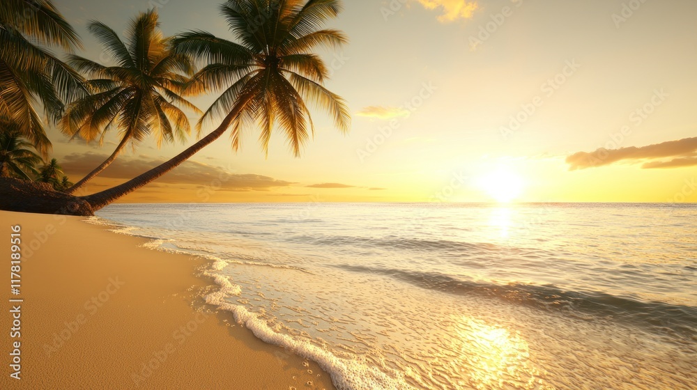 Fototapeta premium Serene beach at sunset with palm trees and gentle waves.