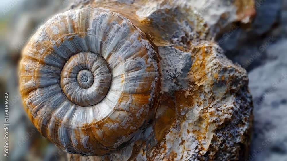 Spiral shaped shell is on a rock. 4K Video Spiral shaped shell is on a rock. 4K Video