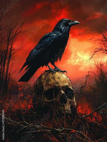 Raven on a Skull at Dusk: Dark Gothic Art with a Fiery Red Sky