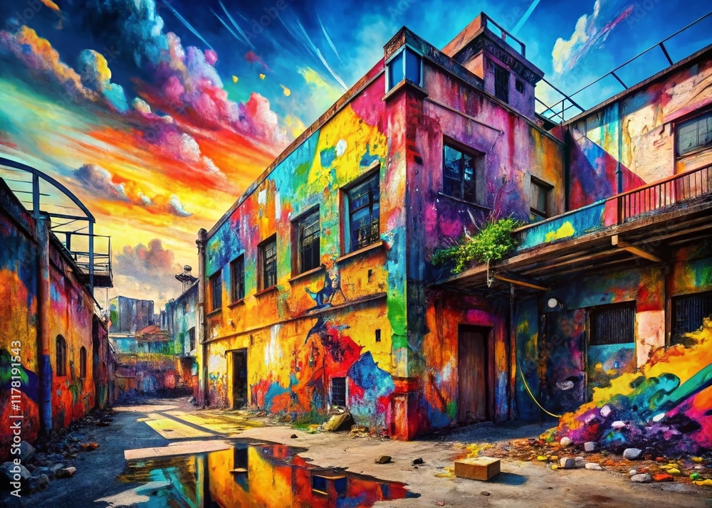 Naklejka premium Vibrant Abstract Urban Exploration Painting - Energetic Brushstrokes