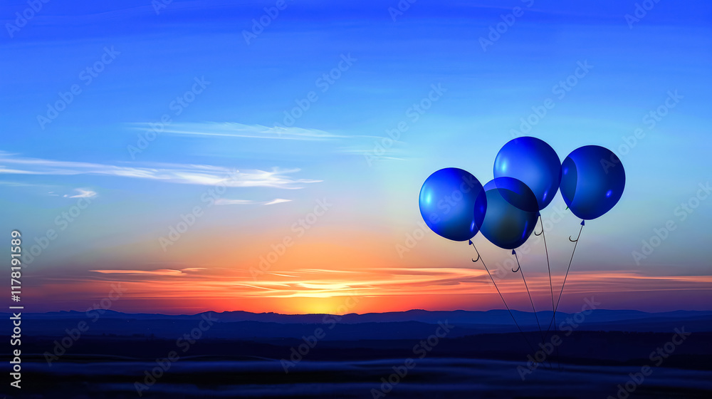 Fototapeta premium Group of four blue balloons floating in the sky above a beautiful sunset