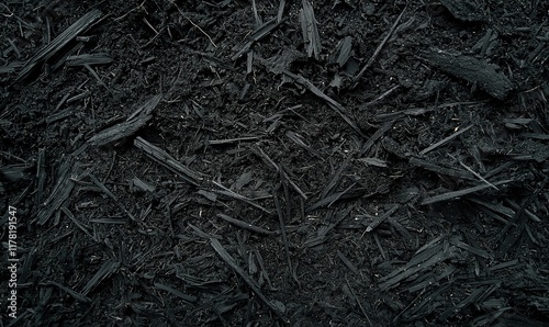 Dark wood chips mulch garden ground cover texture background gardening landscaping.