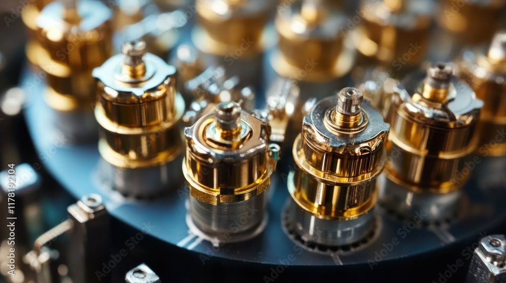 Macro shot of high-frequency transistors with visible metal connections Macro shot of high-frequency transistors with visible metal connections