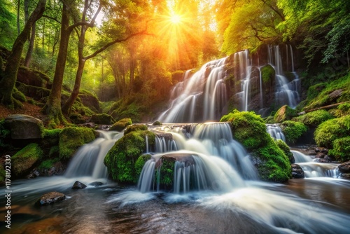 Vibrant Brown Waterfall Cascading Through Lush Green Forest - Stock Photo
