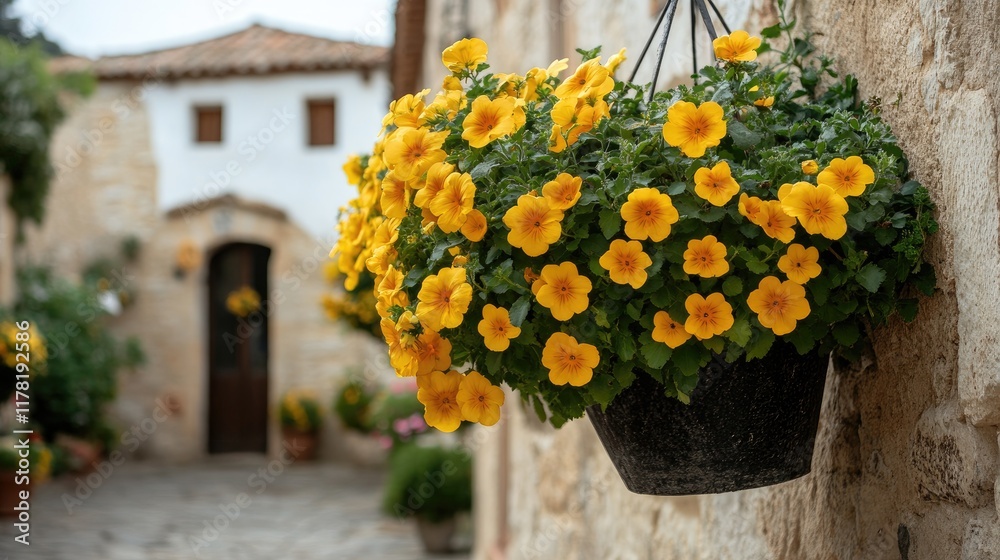 Fototapeta premium Vibrant yellow hanging flower bushes creating a cheerful and sunny outdoor scene.