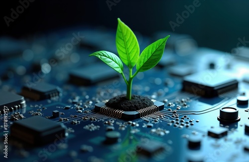 Tech plant grows on circuit board. Eco friendly tech concept. Future of tech, nature. Sustainable innovation. Green energy. Modern design. Abstract image. Illustrates growth in digital world.