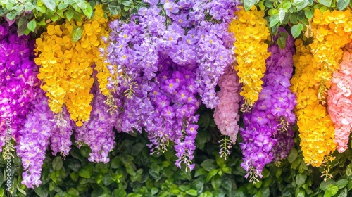Vibrant yellow and purple flowers cascading from dense green hanging bushes.