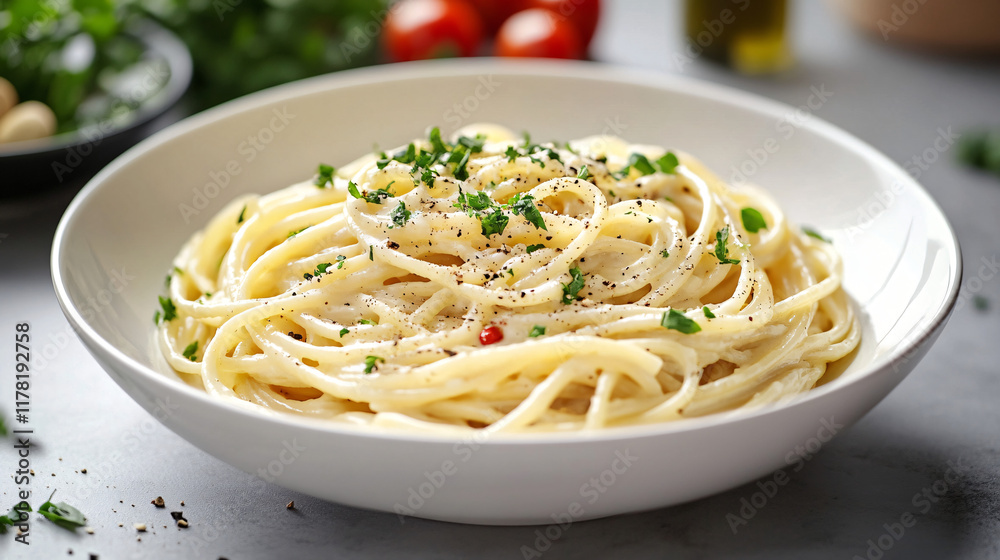 A creamy vegan Alfredo pasta, made from cashew cream, topped with fresh herbs and served in an elegant bowl with colorful garnishes. A creamy vegan Alfredo pasta, made from cashew cream, topped with fresh herbs and served in an elegant bowl with colorful garnishes.