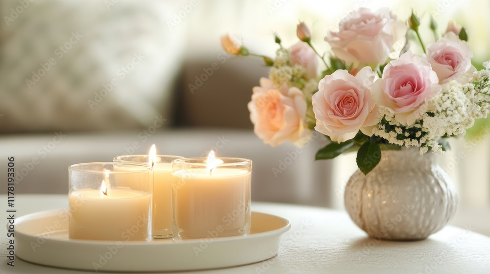 Lit candles and roses on a coffee table. Lit candles and roses on a coffee table.