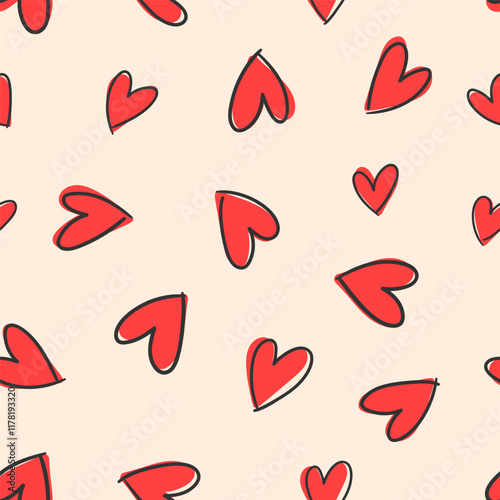 Cute doodled valentines day love themed seamless repeat pattern. Random placed, vector icons like hearts, stars, wording, arrows, flowers, rainbows, lips. Cartoon all over print on pink background.