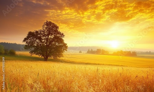 Golden sunrise over a tranquil wheat field with a lone tree, ideal for nature backgrounds.