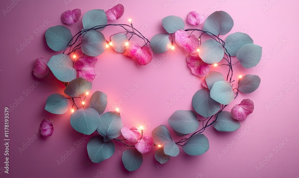 Obraz premium Heart-shaped floral frame with lights on pink for Valentine's Day cards