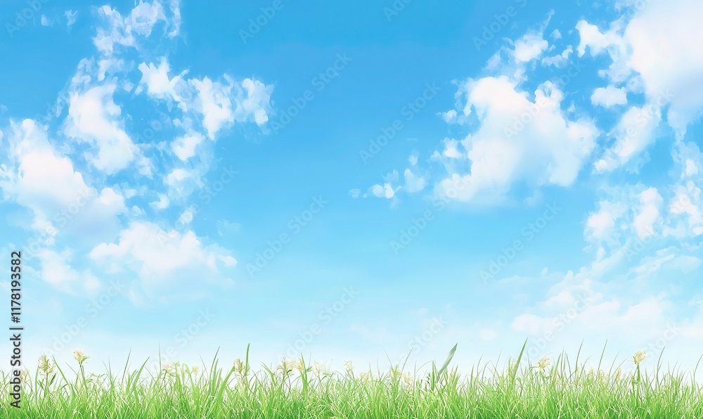 Green grass, white flowers under blue sky with fluffy clouds. Green grass, white flowers under blue sky with fluffy clouds.
