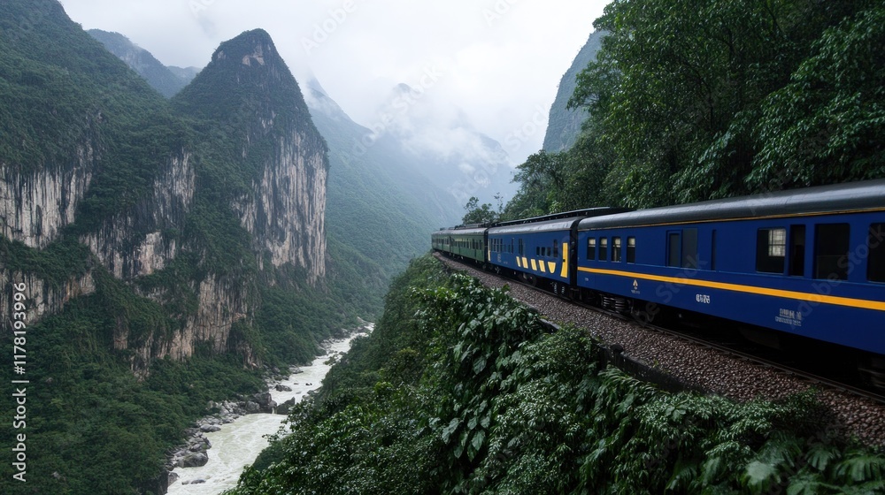 Fototapeta premium Scenic train journey through lush mountains and river valley.