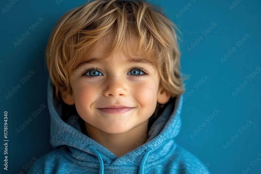 portrait of a cheerful little boy in a blue hoodie set against a bright blue background radiating innocence and joy his wide smile capturing a moment of youthful happiness and playfulness portrait of a cheerful little boy in a blue hoodie set against a bright blue background radiating innocence and joy his wide smile capturing a moment of youthful happiness and playfulness