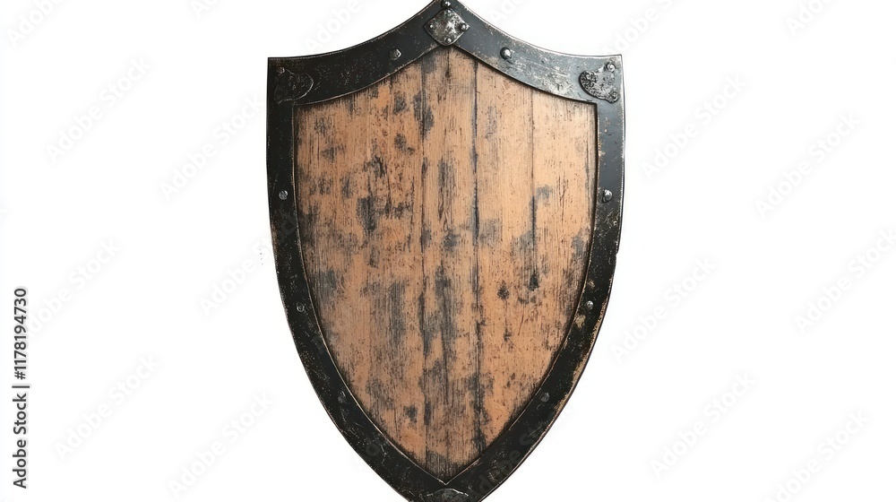 Medieval knight's shield, aged wood and iron with battle scars, worn edges Medieval knight's shield, aged wood and iron with battle scars, worn edges
