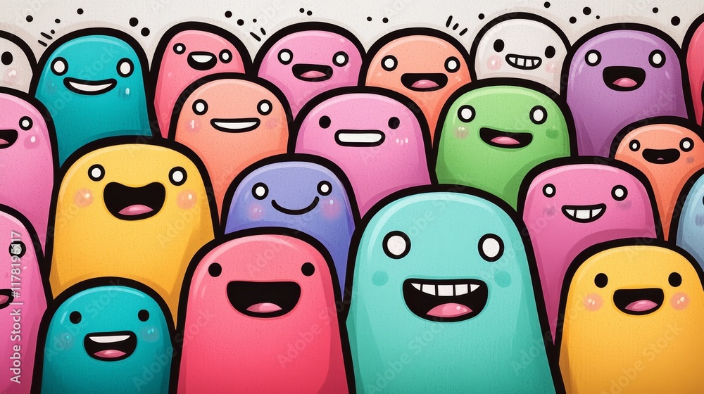 Fototapeta premium Rainbow-colored crowd of cheerful cartoon people with exaggerated features, in a childlike doodle style, set against a bright pastel background