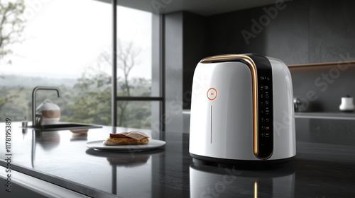 Sleek smart toaster with a digital display, controlling browning level in a futuristic kitchen