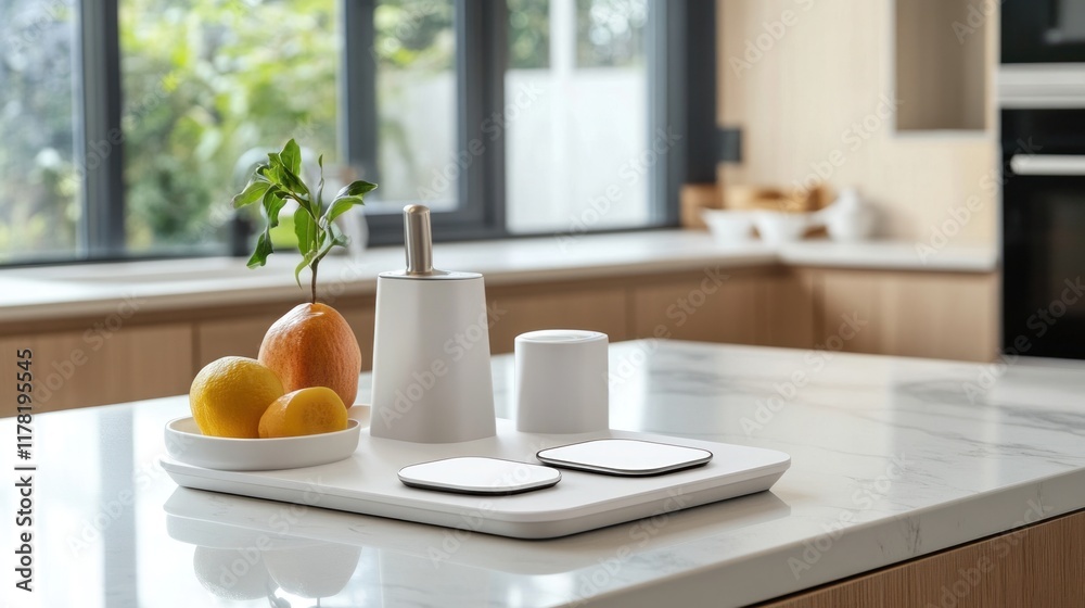 Smart home charging station with multiple ports and wireless charging pads on a clean countertop 