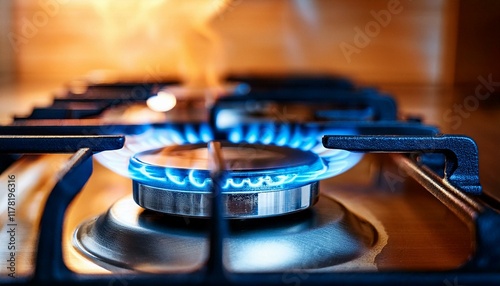 Closeup shot of blue fire from domestic kitchen stove top wiev. 