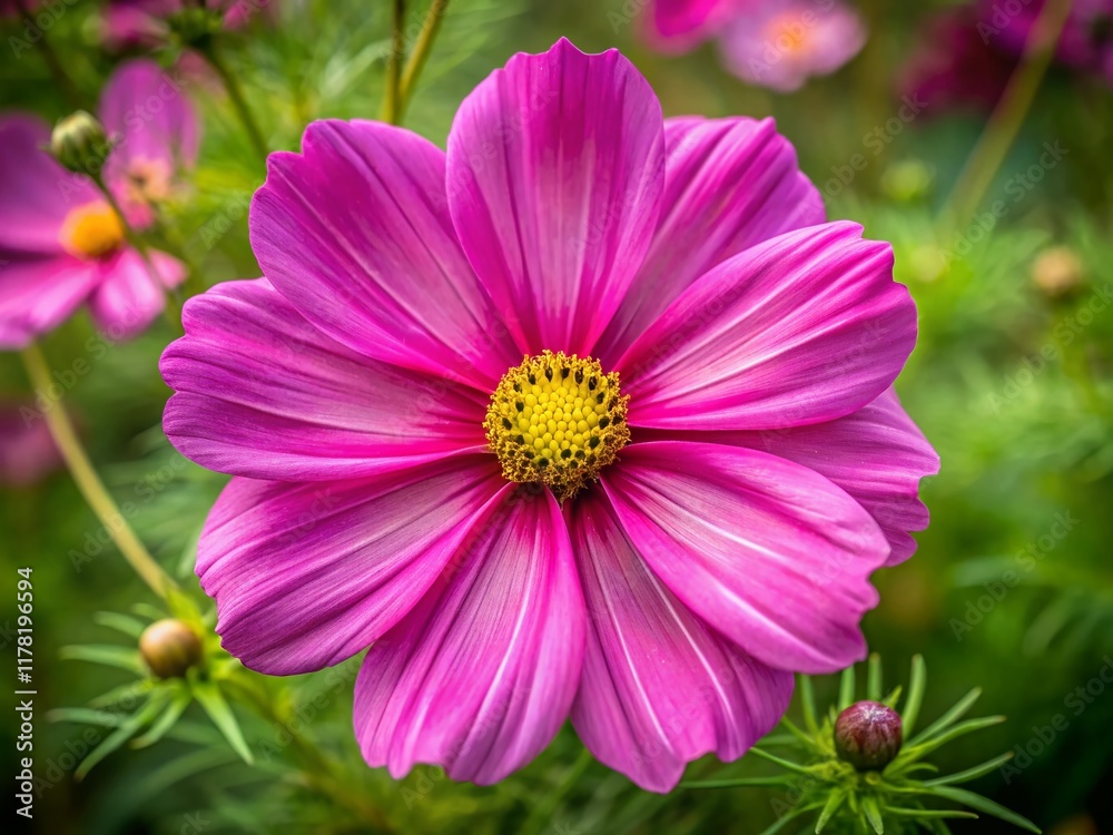 Obraz premium Vibrant Pink Cosmos Flower with Stipple Texture, High-Resolution Stock Photo