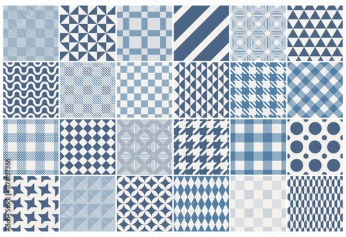 Collection of vector seamless patterns. Simple geometric textures - repeatable textile backgrounds. Blue unusual design, trendy fabric prints
