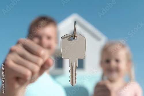 Smiling family celebrating home ownership suburban neighborhood modern housing loan success outdoor environment joyful viewpoint new mortgage adventure photo