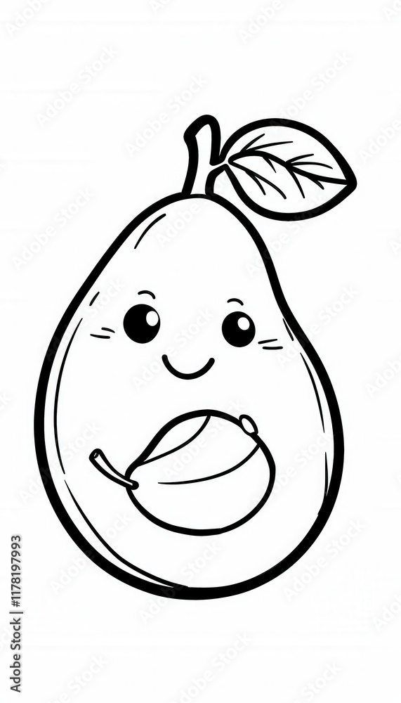 A cute kawaii-style avocado with a smiling face holds its seed. Perfect for coloring pages, stickers, or educational materials about healthy eating. A cute kawaii-style avocado with a smiling face holds its seed. Perfect for coloring pages, stickers, or educational materials about healthy eating.