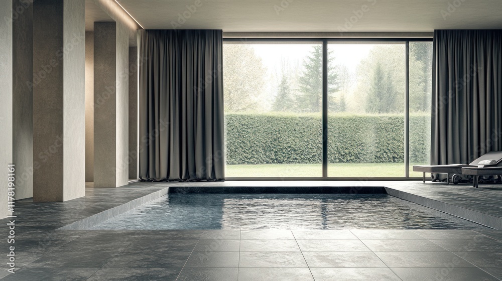 Fototapeta premium Modern indoor pool with large window and garden view.