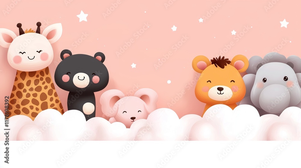 Playful cartoon animals floating on fluffy clouds in a vibrant sunset sky, joyful and full of energy, appealing for kids' backgrounds Playful cartoon animals floating on fluffy clouds in a vibrant sunset sky, joyful and full of energy, appealing for kids' backgrounds
