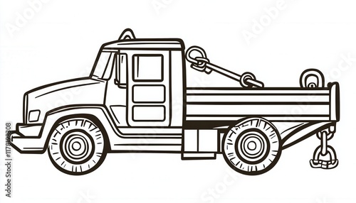 A simple line art illustration of a tow truck perfect for coloring activities or children's books. Use this versatile design for educational materials or creative projects.