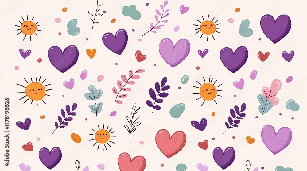Fototapeta premium Playful children's drawing with pastel flowers, hearts, and suns, scattered on a colorful gradient rainbow background, seamless vector pattern, cheerful design