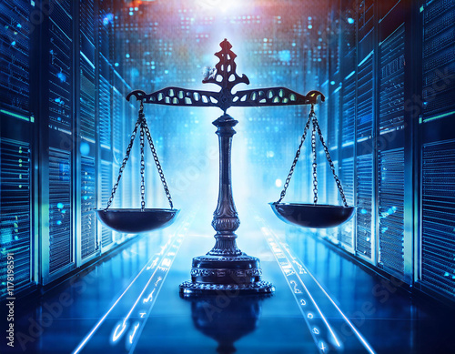 law scales on background of data center digital law concept of duality of judiciary jurisprudence and justice and data in the modern world copy space