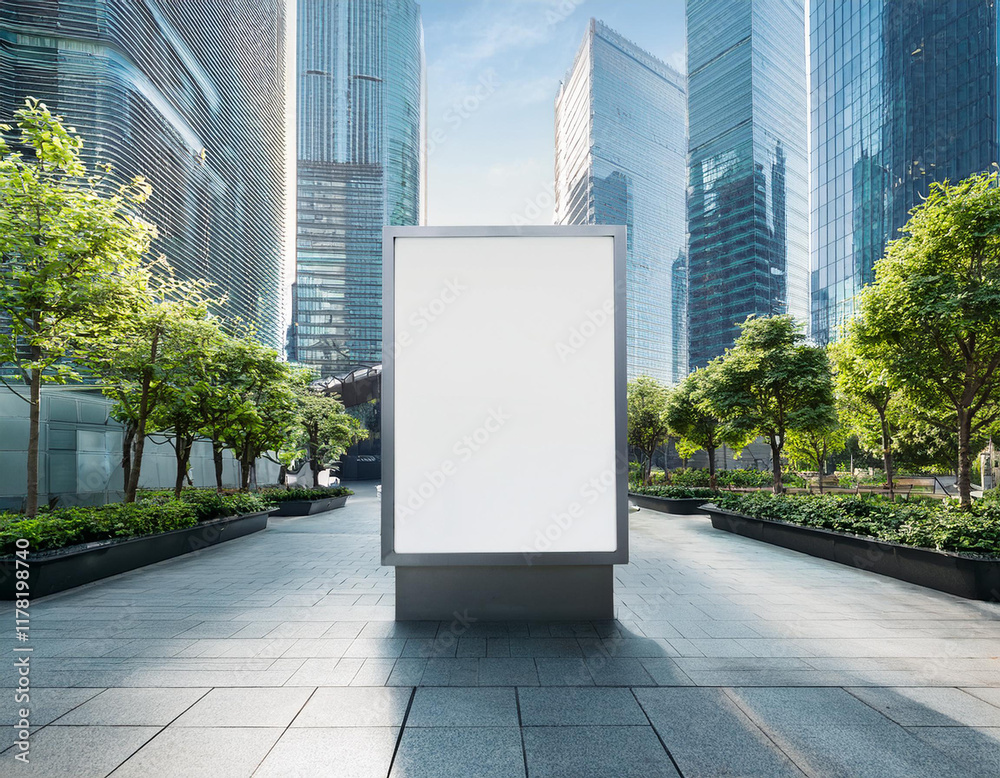 blank billboard with trees in a futuristic urban area blank billboard with trees in a futuristic urban area