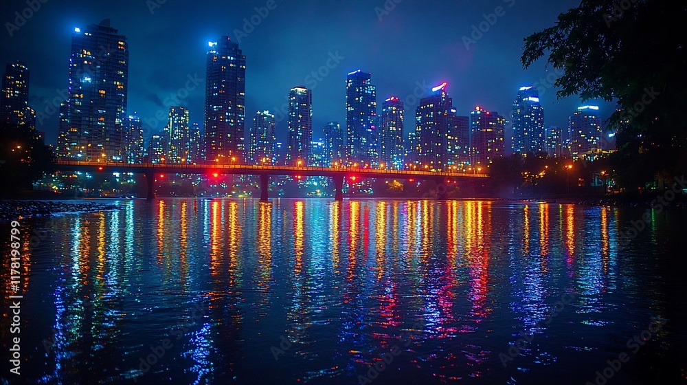 Fototapeta premium Night Cityscape Illuminated Buildings Reflecting on Water