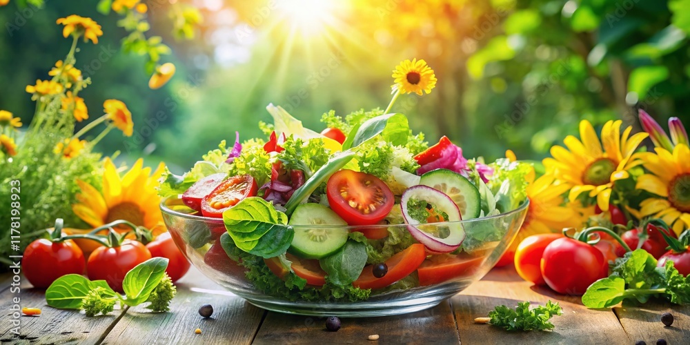 Vibrant Summer Salad Double Exposure: Sunlit Vegetables & Lush Greenery Vibrant Summer Salad Double Exposure: Sunlit Vegetables & Lush Greenery