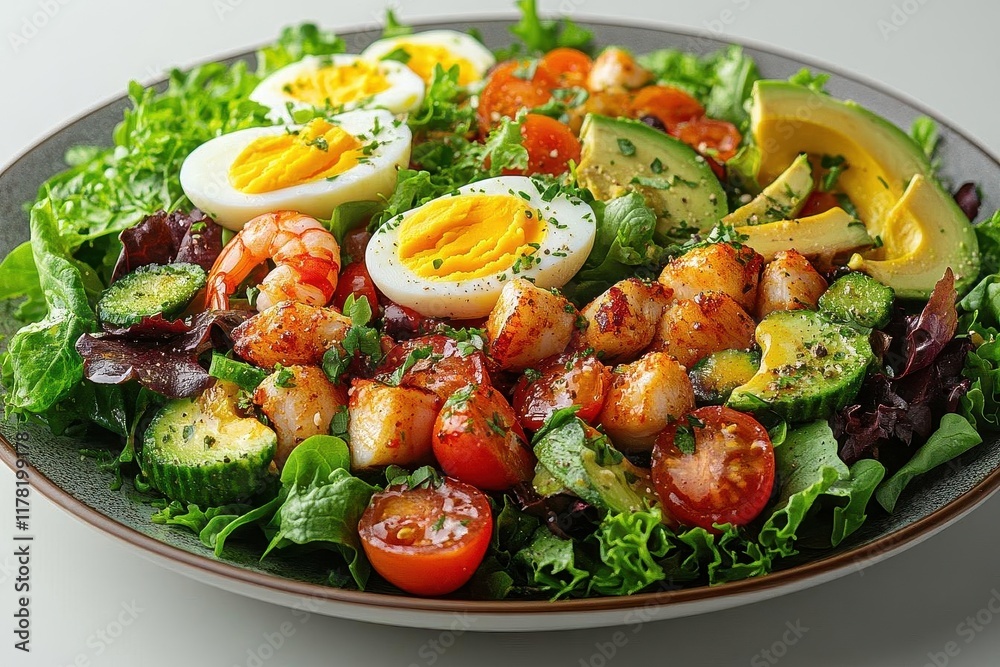 rich colorful salad plates brimming with fresh greens vegetables and garnishes including avocado eggs chicken and shrimp presented artfully against a clean white background rich colorful salad plates brimming with fresh greens vegetables and garnishes including avocado eggs chicken and shrimp presented artfully against a clean white background