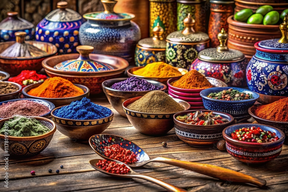Fototapeta premium Vibrant Turkish Kitchenware at Istanbul's Spice Bazaar - Colorful Pots, Pans & Utensils