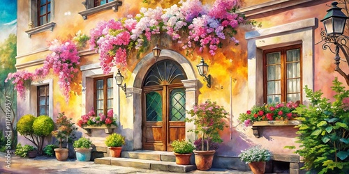 Vibrant Watercolor Spring Blossom Architectural Background: Pastel Colors & Floral Details