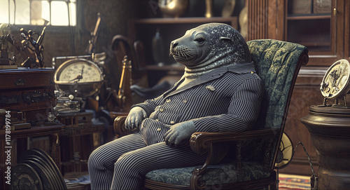 A dignified elephant seal in a 1940s pinstripe suit, lounging on a vintage office chair, surrounded by heavy mahogany furniture and antique nautical instruments.   photo