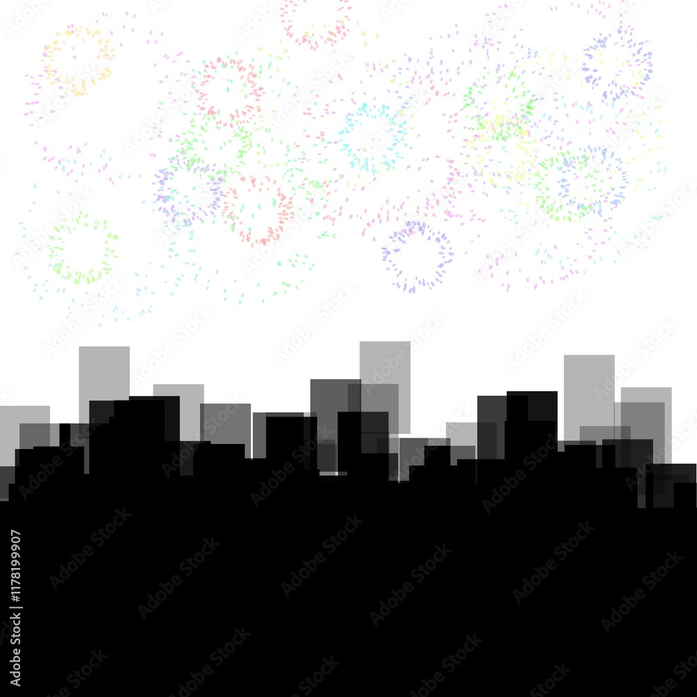 Fototapeta premium A silhouetted skyline illustration of city buildings at night in black and white with fireworks in the sky.