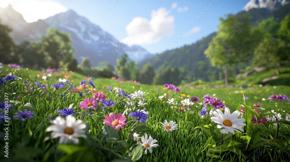 A vibrant meadow filled with colorful wildflowers and mountains. A vibrant meadow filled with colorful wildflowers and mountains.